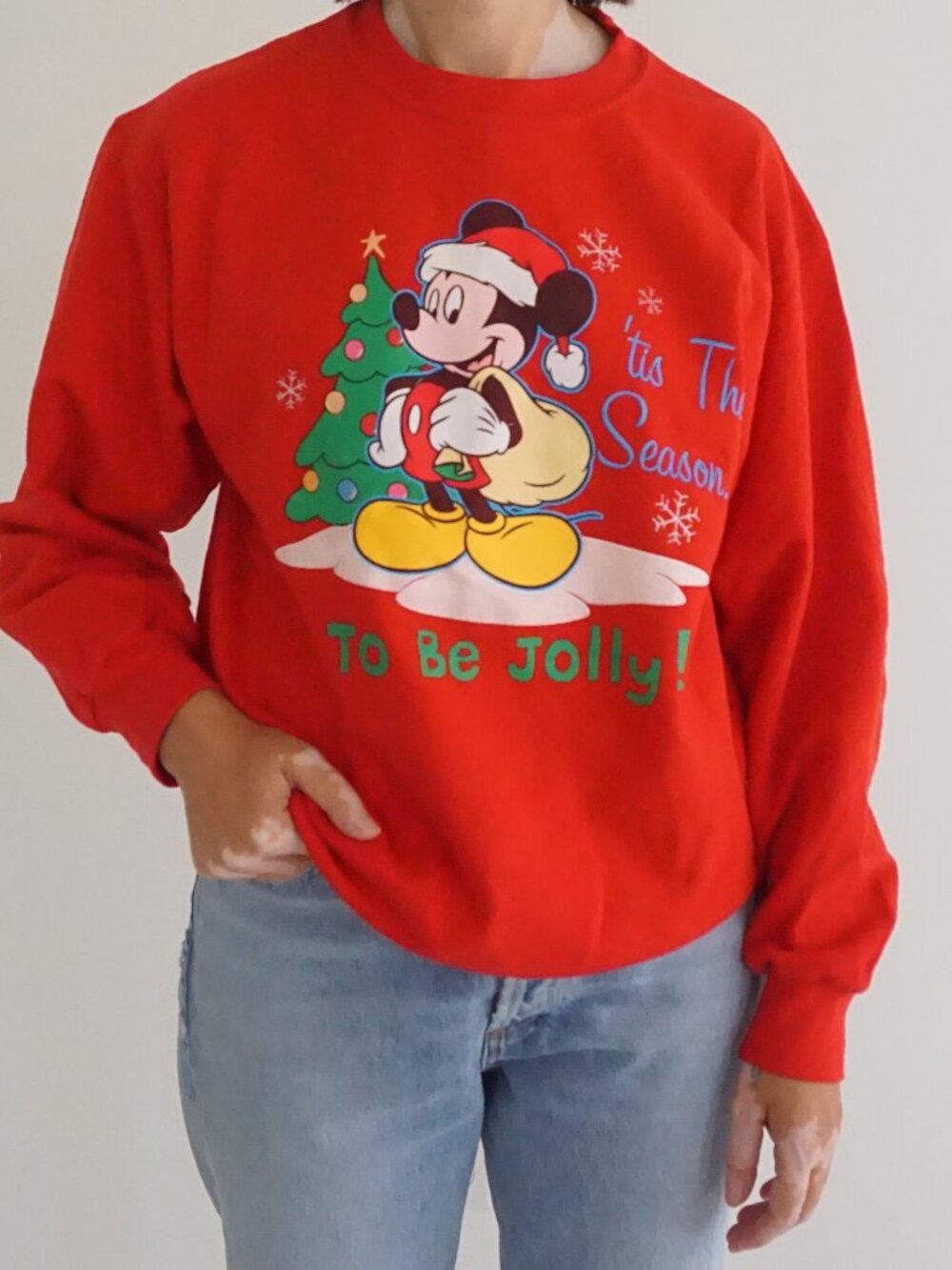 Vintage Disney Red Mickey Mouse Santa Tree Snowflake Christmas Sweater M